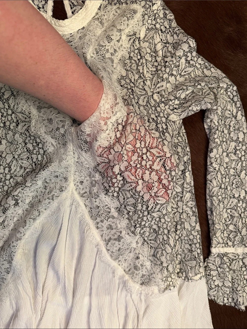 Free People White Lace & Gauze Long Sleeve Mini Dress